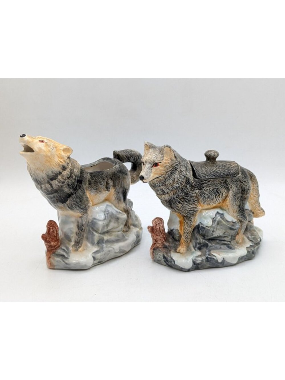 Vintage Wolf Shaped Covered Sugar and Creamer Set Ceramic Cabincore Novelty